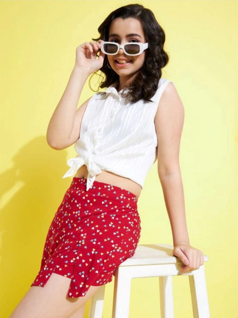 Generic Girl's Polyester Lurex Printed Sleeveless Skorts Set (White-Red)