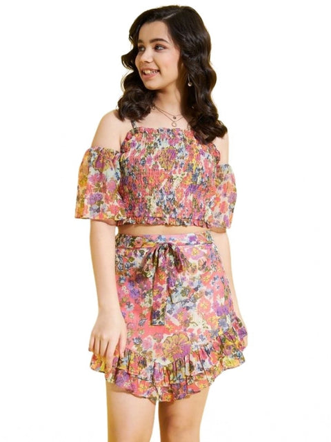 Generic Girl's Polyester Lurex Floral Shoulder Straps Top and Skirt Set (Peach-Multicolor)