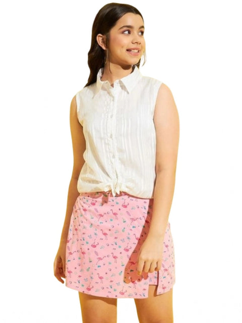 Generic Girl's Polyester Lurex Printed Sleeveless Top Set (Pink-White)