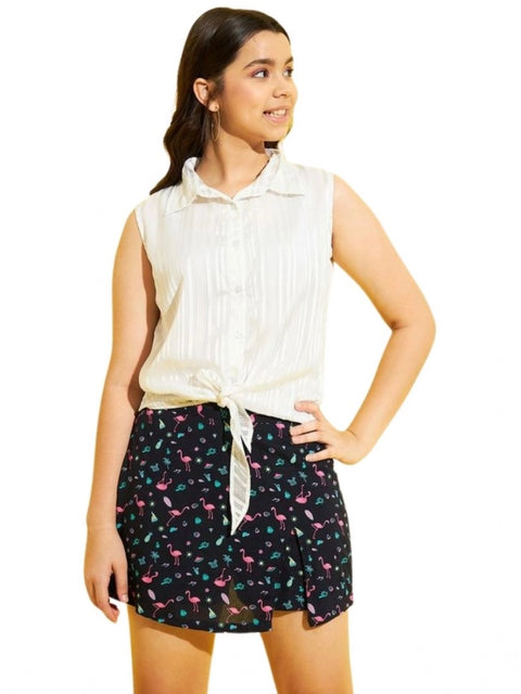 Generic Girl's Polyester Lurex Printed Sleeveless Top Set (White-Navy)