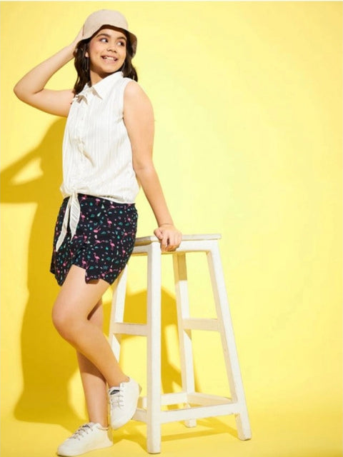 Generic Girl's Polyester Lurex Printed Sleeveless Top Set (White-Navy)