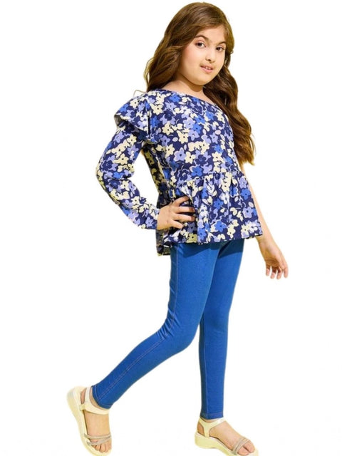 Generic Girl's Polyester Floral One Shoulder Jeggings Set (Blue)