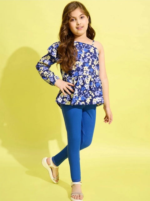 Generic Girl's Polyester Floral One Shoulder Jeggings Set (Blue)