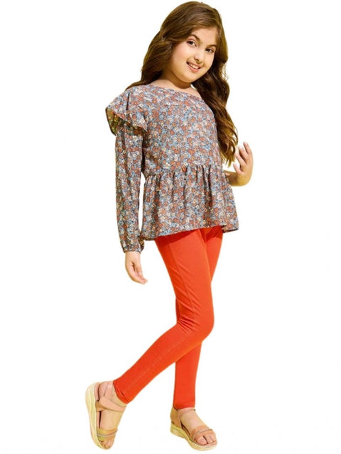 Generic Girl's Polyester Floral One Shoulder Jeggings Set (Grey-Orange)