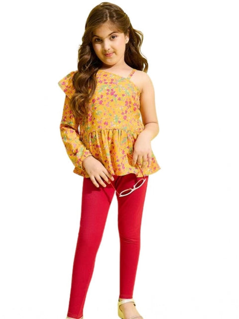 Generic Girl's Polyester Floral One Shoulder Jeggings Set (Yellow-Red)