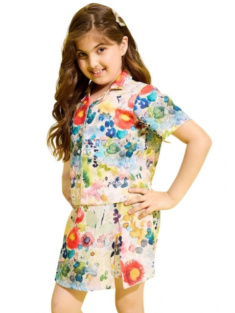 Generic Girl's Polyester Cotton Blend Pattern-Floral Short Sleeves Skorts Set (Multicolor)