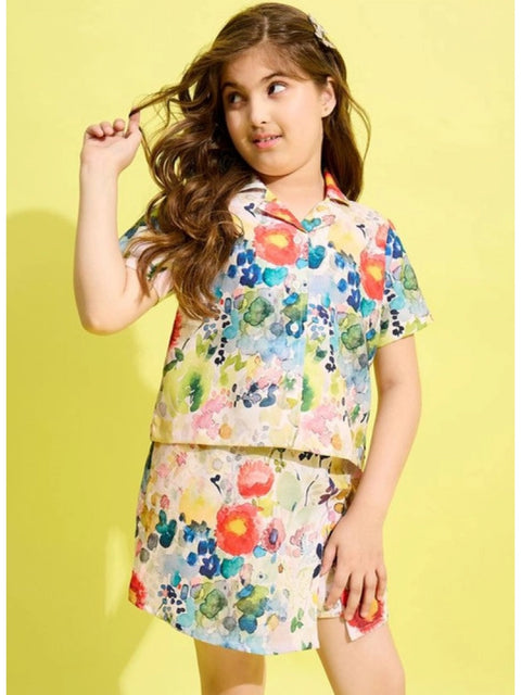 Generic Girl's Polyester Cotton Blend Pattern-Floral Short Sleeves Skorts Set (Multicolor)