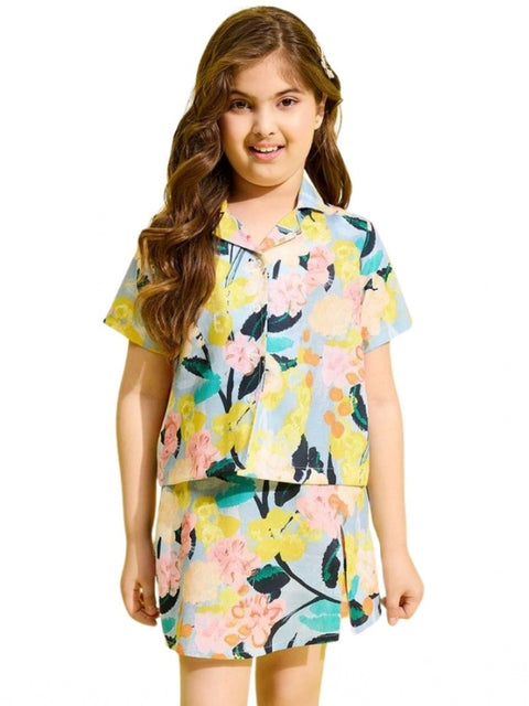 Generic Girl's Polyester Cotton Blend Pattern-Floral Short Sleeves Skorts Set (Blue-Multicolor)