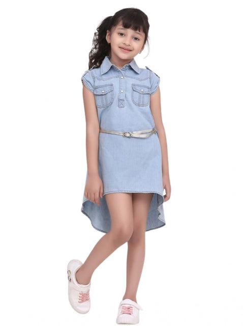 Generic Girl's Denim Hi Lo Short Sleeve Dress with Belt (Blue)