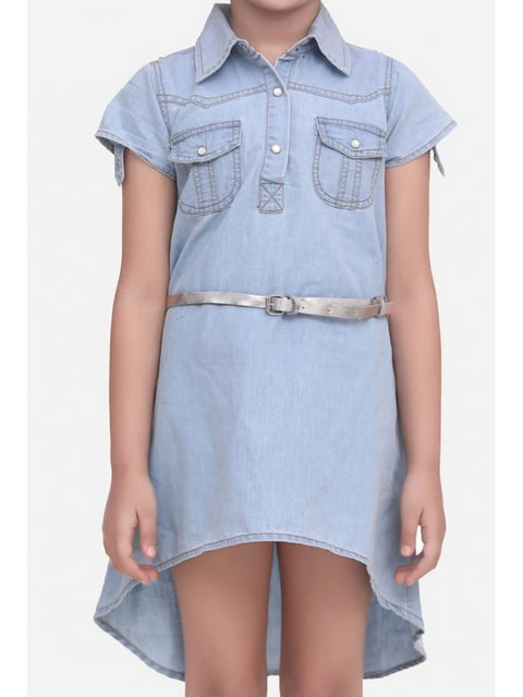 Generic Girl's Denim Hi Lo Short Sleeve Dress with Belt (Blue)