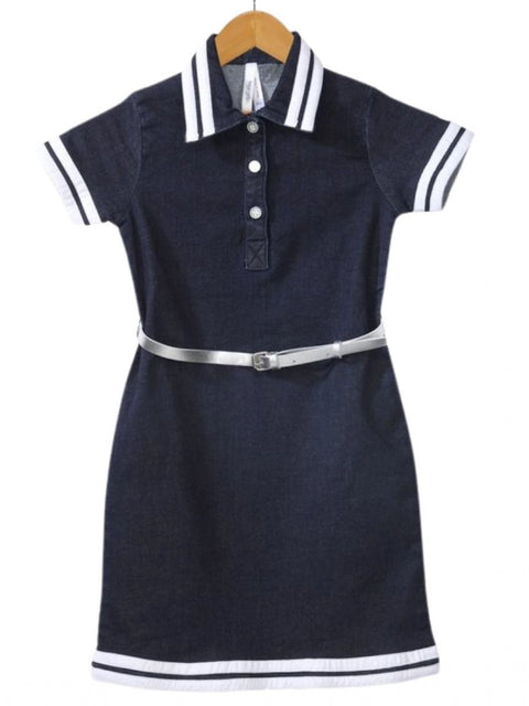 Generic Girl's Denim Lycra Ribbed Elasticated Dress with Belt (Navy Blue-White)