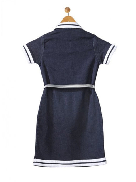 Generic Girl's Denim Lycra Ribbed Elasticated Dress with Belt (Navy Blue-White)