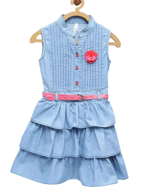 Generic Girl's Denim Embellished Sleeveless Dress with Belt (Light Blue)