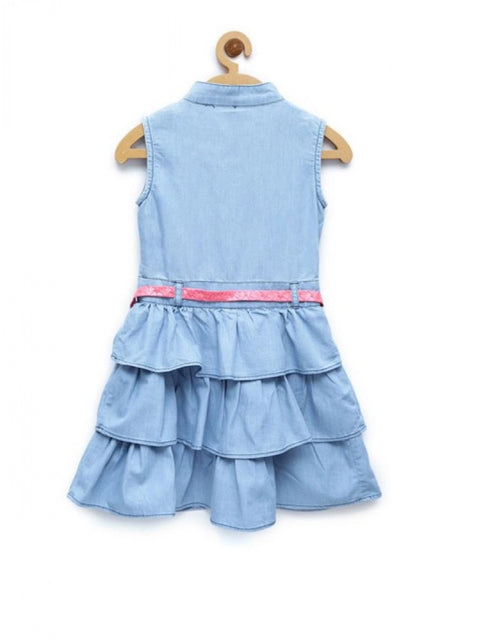 Generic Girl's Denim Embellished Sleeveless Dress with Belt (Light Blue)