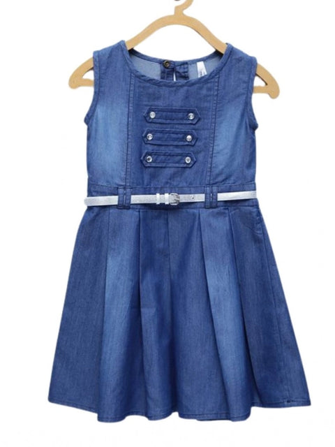 Generic Girl's Denim Embellished Sleeveless Dress with Belt (Blue)