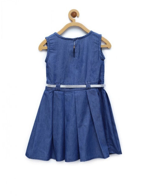 Generic Girl's Denim Embellished Sleeveless Dress with Belt (Blue)