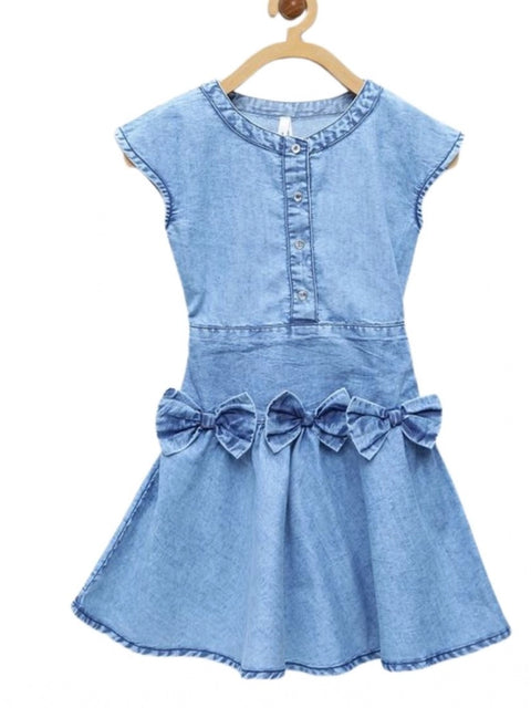 Generic Girl's Denim Embellished Cap Sleeve bow Dress (Light Blue)