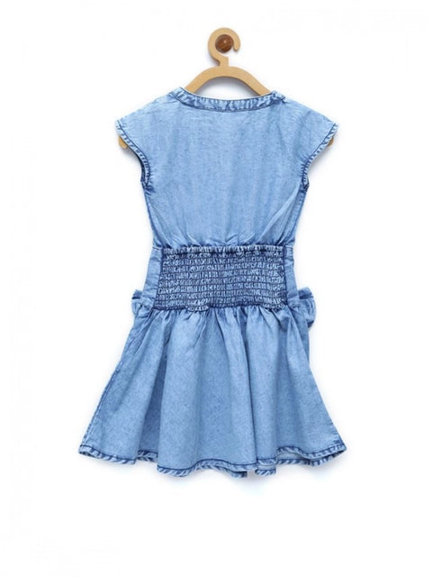 Generic Girl's Denim Embellished Cap Sleeve bow Dress (Light Blue)