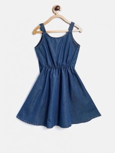 Generic Girl's Denim Printed Short Sleeve Dress with Straps (Blue)