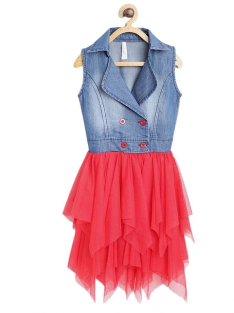 Generic Girl's Denim Roll Up Buttoned Dress (Blue-Red)