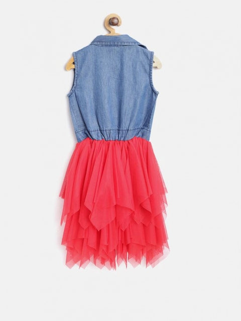 Generic Girl's Denim Roll Up Buttoned Dress (Blue-Red)