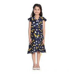 Generic Girl's Polyester Crepe Polka Cold Shoulder Dress (Navy Blue)