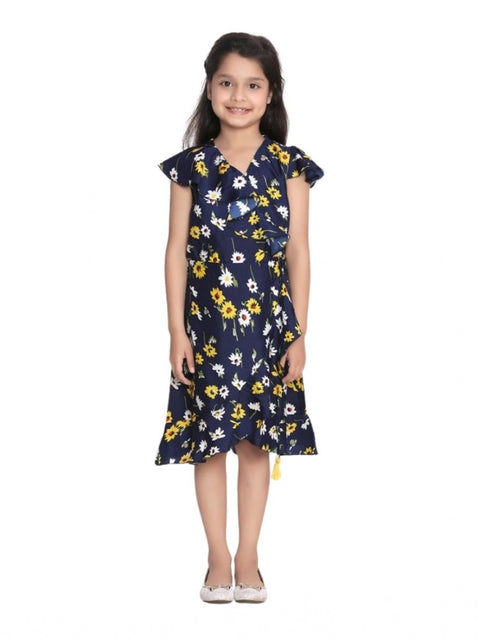Generic Girl's Polyester Crepe Polka Cold Shoulder Dress (Navy Blue)