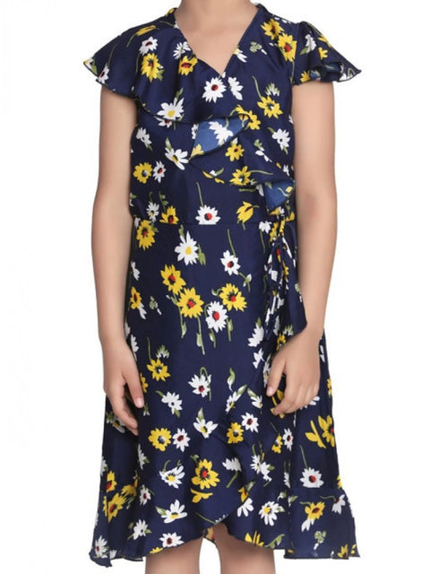 Generic Girl's Polyester Crepe Polka Cold Shoulder Dress (Navy Blue)