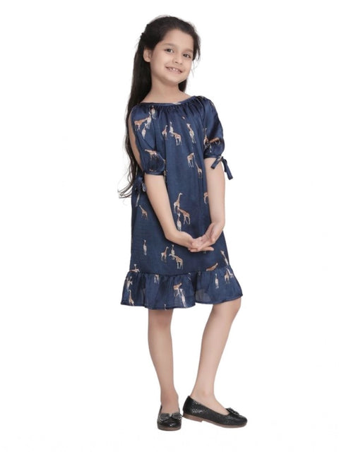 Generic Girl's Satin Animal Print Sleeveless Dress (Blue)