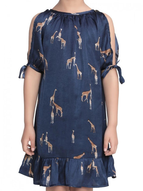 Generic Girl's Satin Animal Print Sleeveless Dress (Blue)
