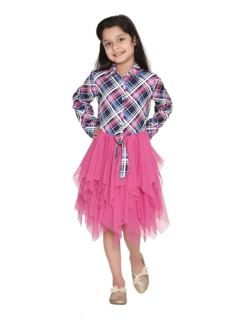 Generic Girl's Polyster Crepe Lace Inserts Long Sleeves Dress (Pink-Blue)