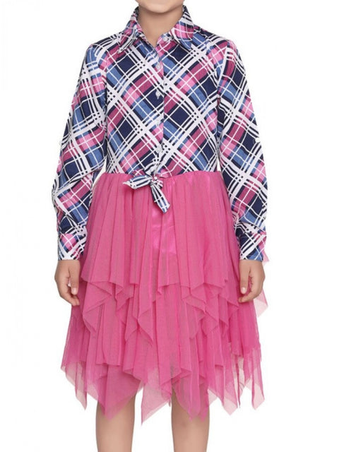 Generic Girl's Polyster Crepe Lace Inserts Long Sleeves Dress (Pink-Blue)