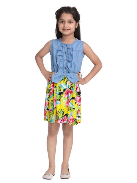 Generic Girl's Denim Floral Sleeveless Dress (Blue-Yellow)