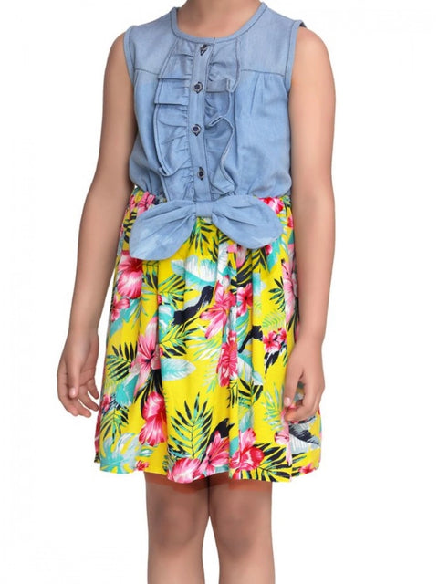 Generic Girl's Denim Floral Sleeveless Dress (Blue-Yellow)