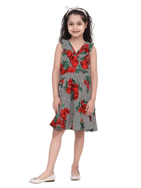 Generic Girl's Polyester Crepe Floral Shoulder Straps Dress (Red)
