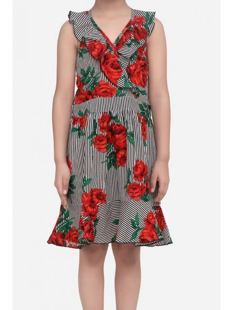 Generic Girl's Polyester Crepe Floral Shoulder Straps Dress (Red)