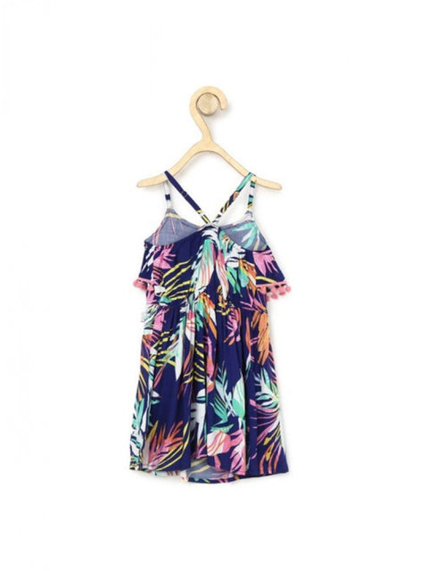 Generic Girl's Rayon Printed Shoulder Straps Dress (Navy Blue)