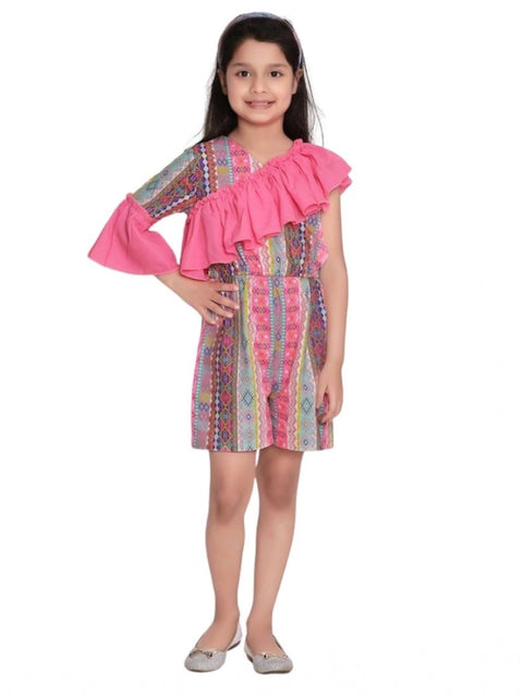 Generic Girl's Cotton & Polyester Printed 3/4th Sleeves Dress (Pink)