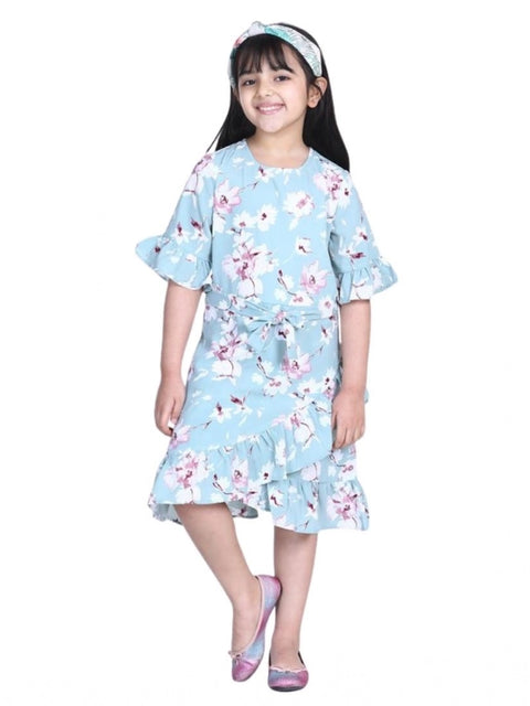 Generic Girl's Polyester Crepe Floral Bell Sleeve Dress (Turquoise Blue)