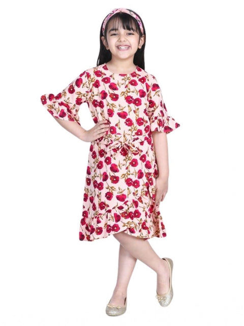 Generic Girl's Polyester Crepe Floral Bell Sleeve Dress (Red-Pink)