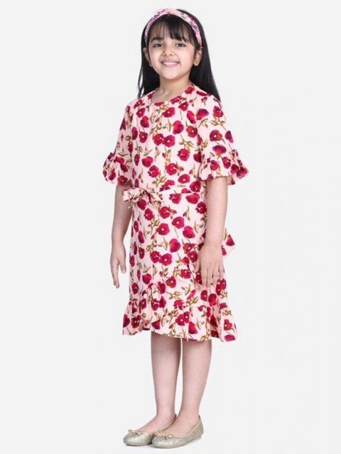 Generic Girl's Polyester Crepe Floral Bell Sleeve Dress (Red-Pink)