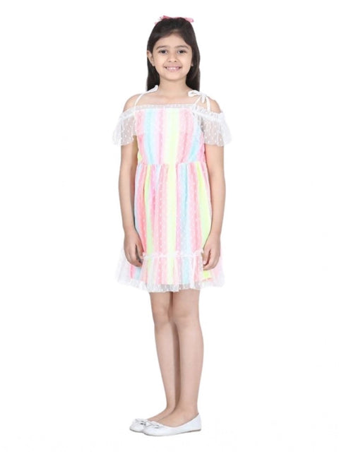Generic Girl's Polyester Self Design Cold Shoulder Dress (Multicolor)