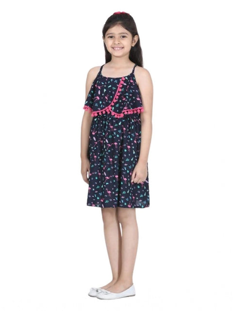 Generic Girl's Rayon Flamingo Print Sleeveless Dress (Black)