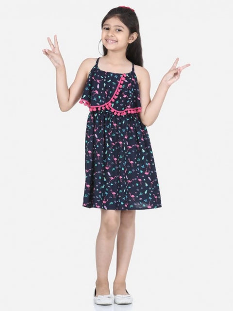 Generic Girl's Rayon Flamingo Print Sleeveless Dress (Black)