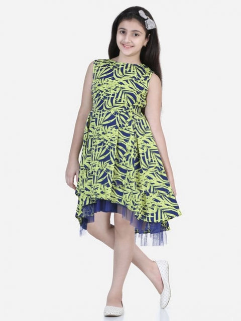 Generic Girl's Polyester Crepe & Net Printed Sleeveless Dress (Yellow-Blue)