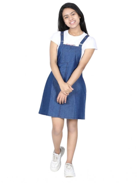 Generic Girl's Denim Solid Sleeveless Dress (Blue)