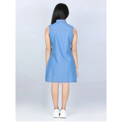 Generic Girl's Denim Solid Cold Shoulder Dress (Blue)