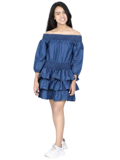 Generic Girl's Denim Solid Off Shoulder Dress (Blue)