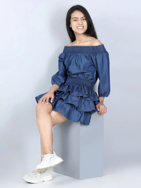 Generic Girl's Denim Solid Off Shoulder Dress (Blue)