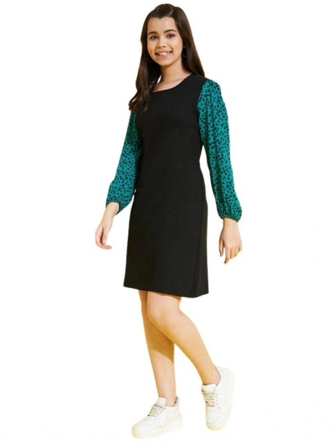 Generic Girl's Polyester Printed Long Sleeves Dress (Black-Green)